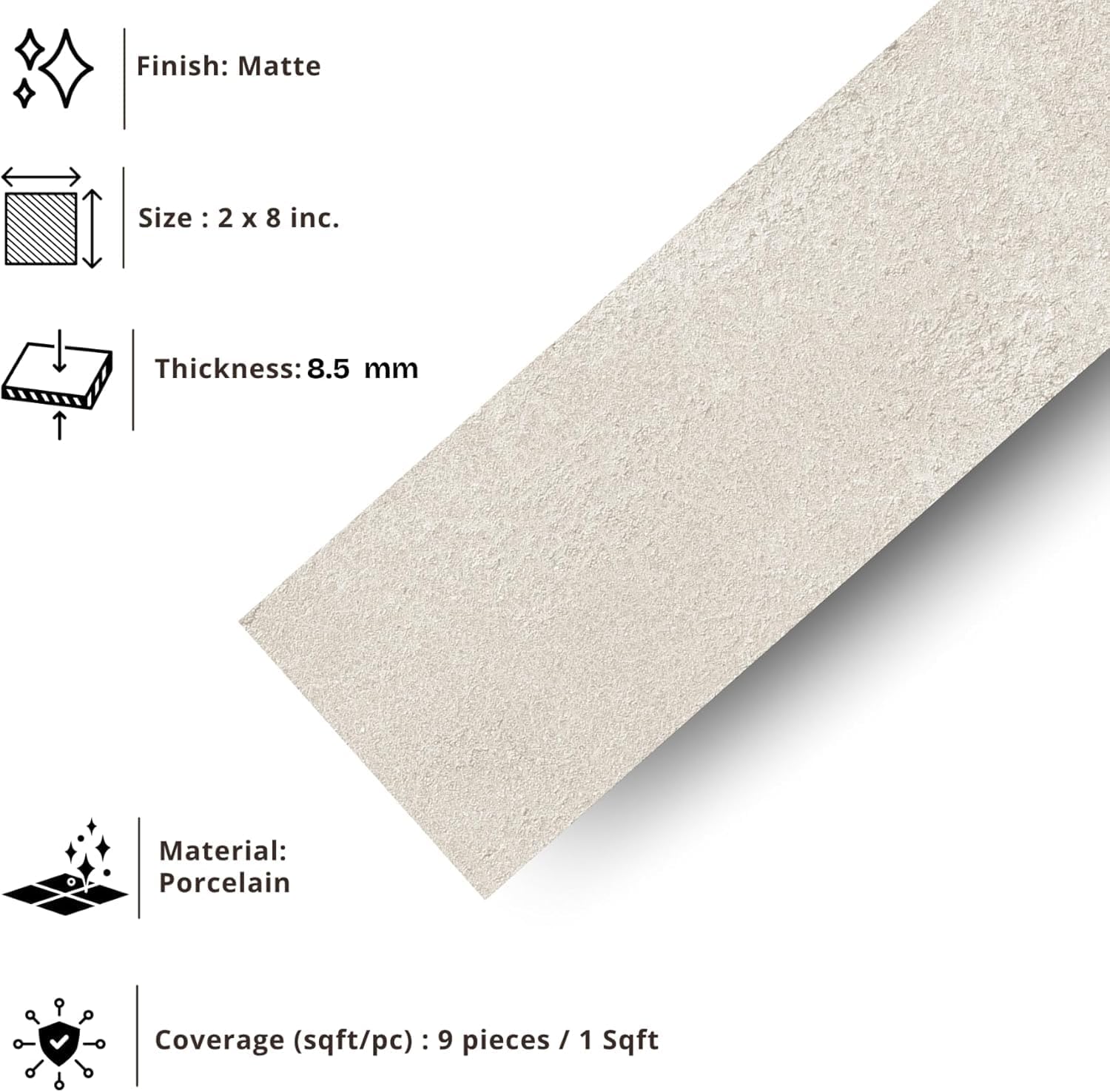 Tenedos Matte Bianco Porcelain Subway Tile – 2"x8" Wall and Floor, Backsplash for Kitchen, Bathroom, Shower, Fireplace Accent - Great for Restaurant Hotel Cafe Spa