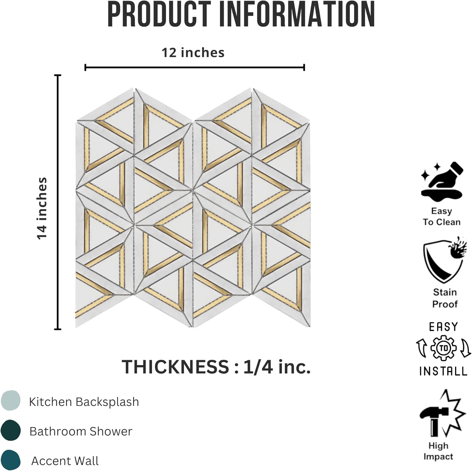 Tenedos HTCRC Carrara White Metal 12x14 Mosaic Tile – Triangle Geometric 3D Hexagon Pattern with Gold Inlay, White Marble Look for Kitchen Backsplash & Bathroom Wall
