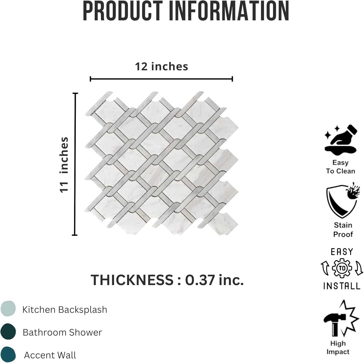 Tenedos HTCRC Bianco Carrara Eastern White Marble Gray Interlocking Mosaic Tile | 11 x 12 Inch Mesh-Mounted White Marble | Kitchen Backsplash Bathroom Shower Accent Wall
