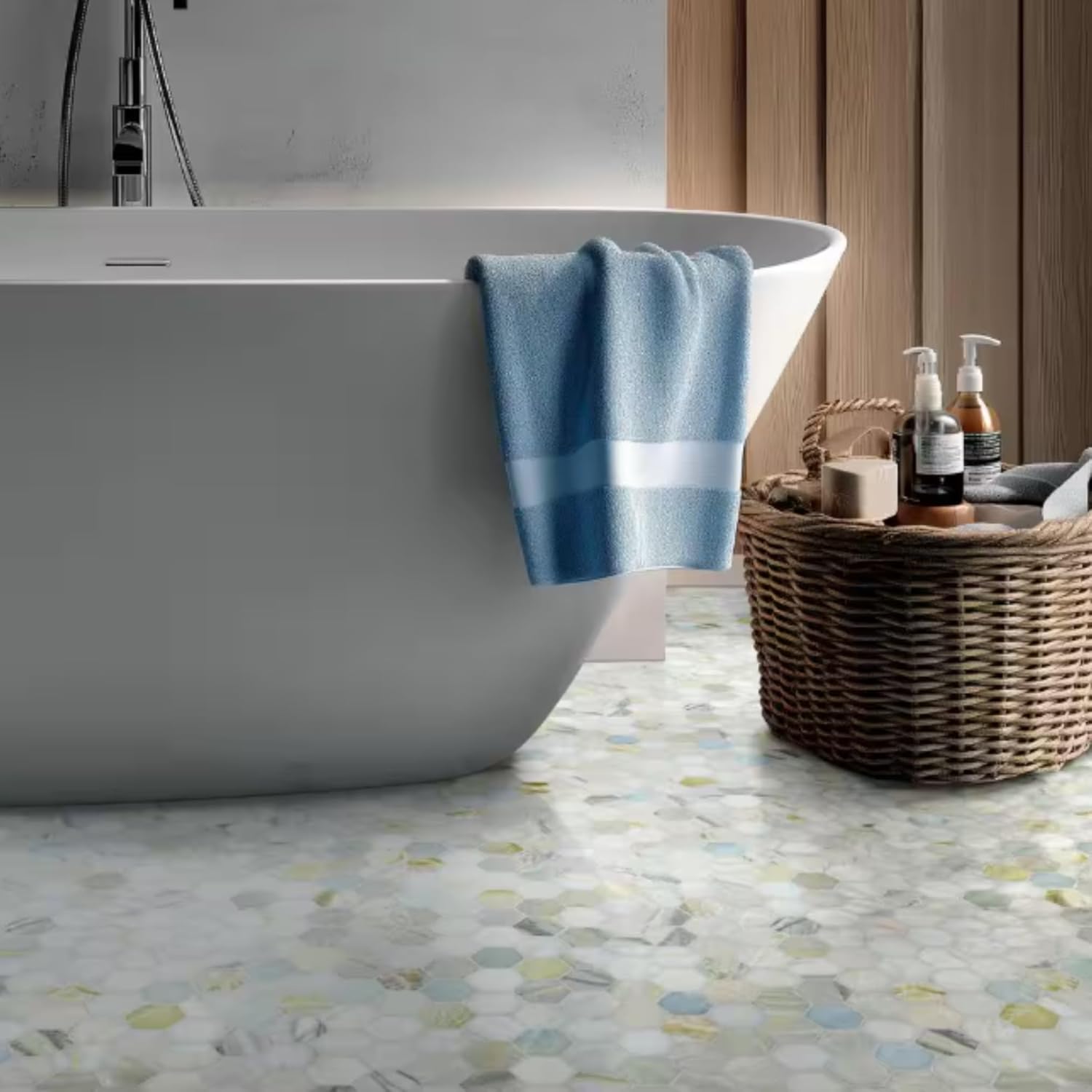 Aurora Mist 2" Hexagon Polished Marble Mosaic Tile – Natural Stone Floor and Wall Tile for Bathroom, Kitchen Backsplash, and Shower Accent