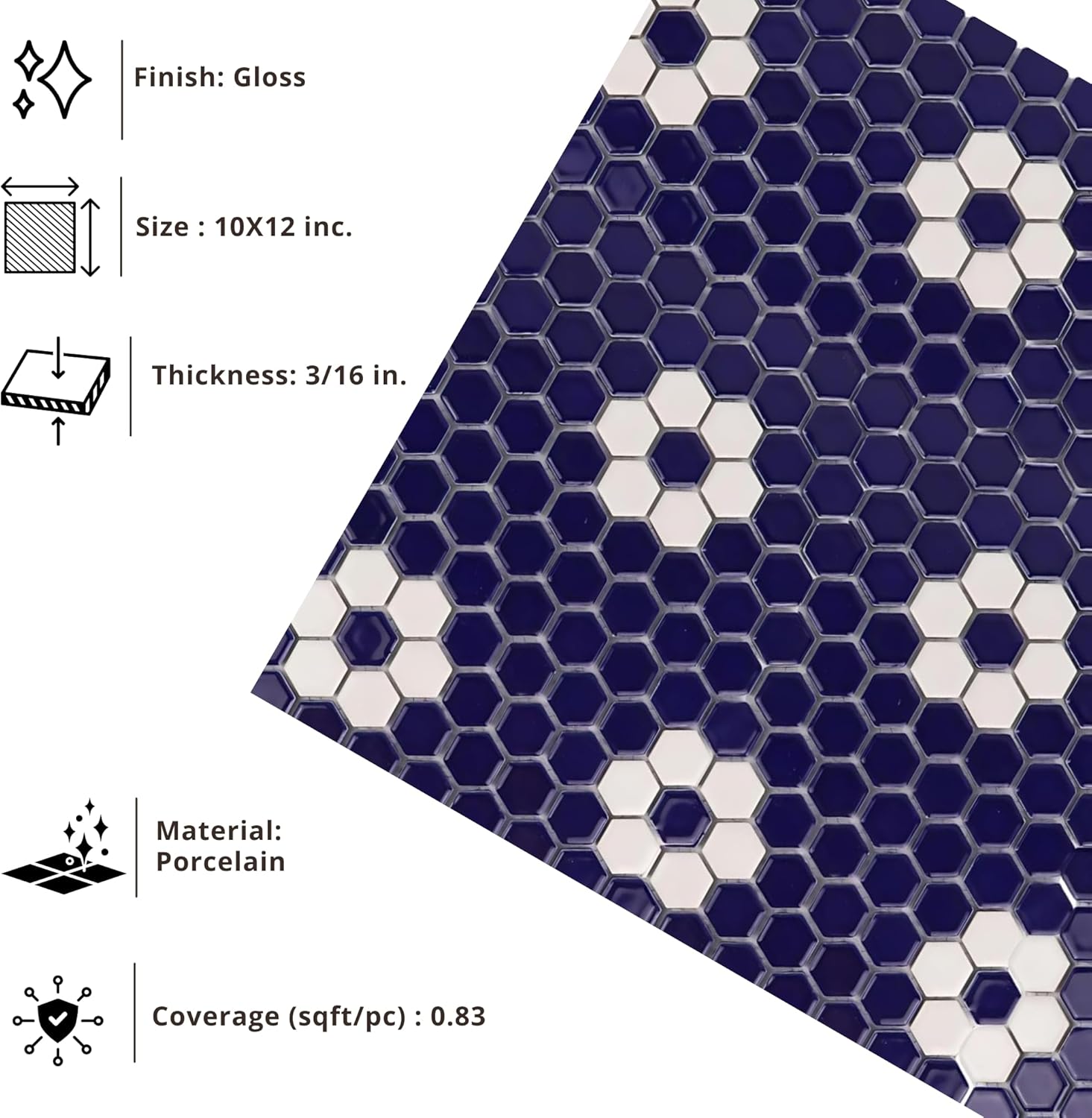 Tenedos Hexagon Glossy Cobalt Blue Flower Porcelain Mosaic Tile – Kitchen Backsplash, Bathroom Wall & Shower Floor Tile