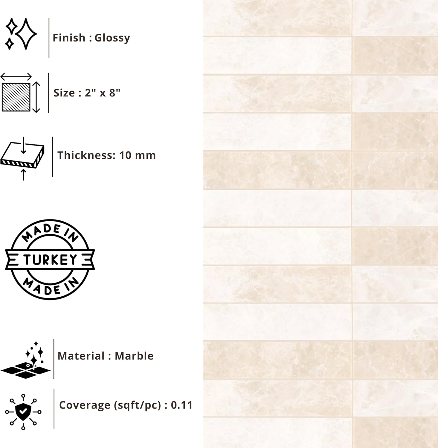 Tenedos HTCFD 2x8 Polished Beige Marble Tile, Natural Stone Straight Edge, Water-Resistant with Sealant, Floor & Wall Use, Shower Floor and Wall Suitable – Box of 20 Pieces
