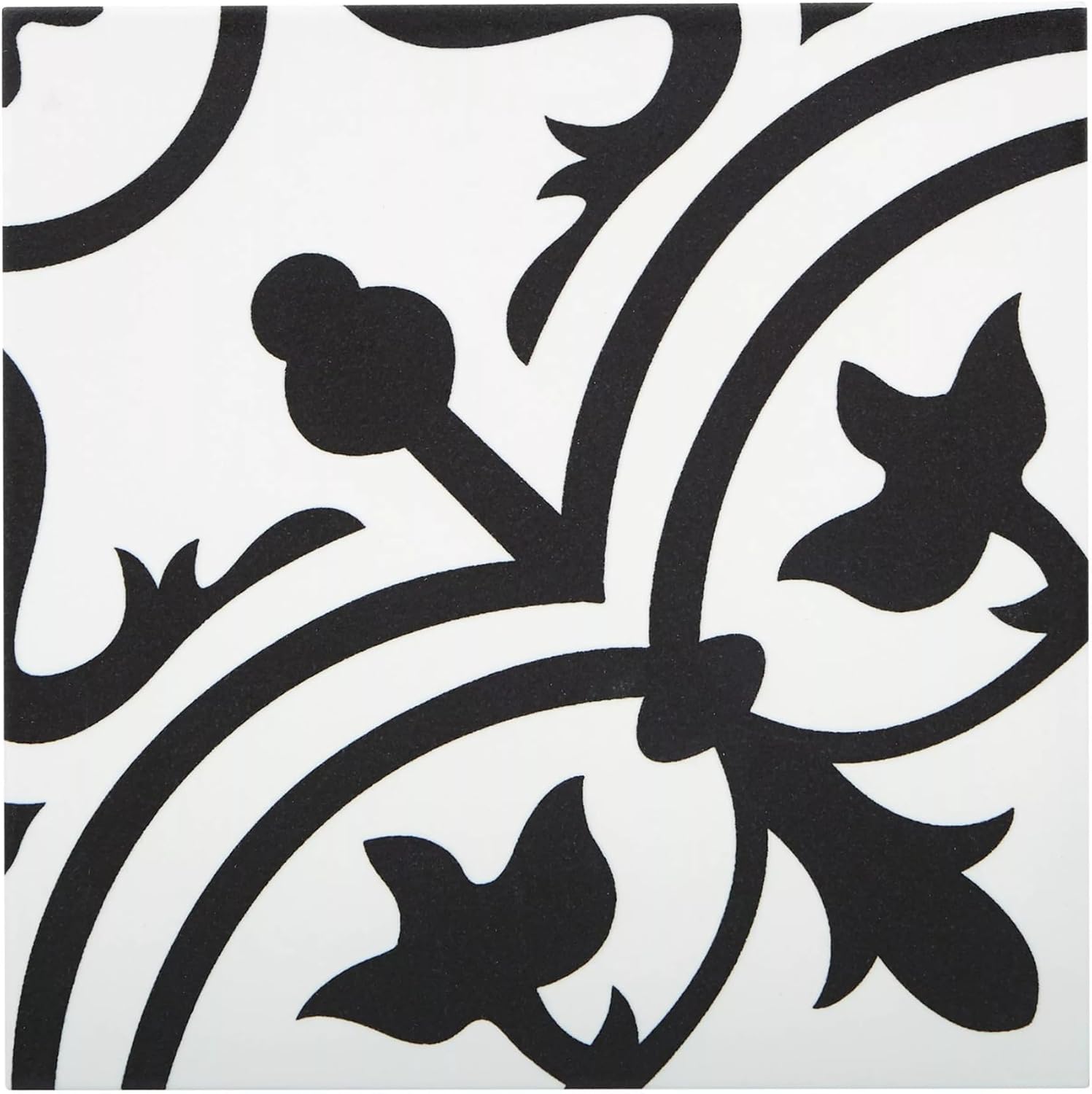 Tenedos Noir Vine 8" x 8" Black and White Matte Porcelain Tile for Floor and Wall, Spanish Decorative Pattern, Indoor Outdoor Use