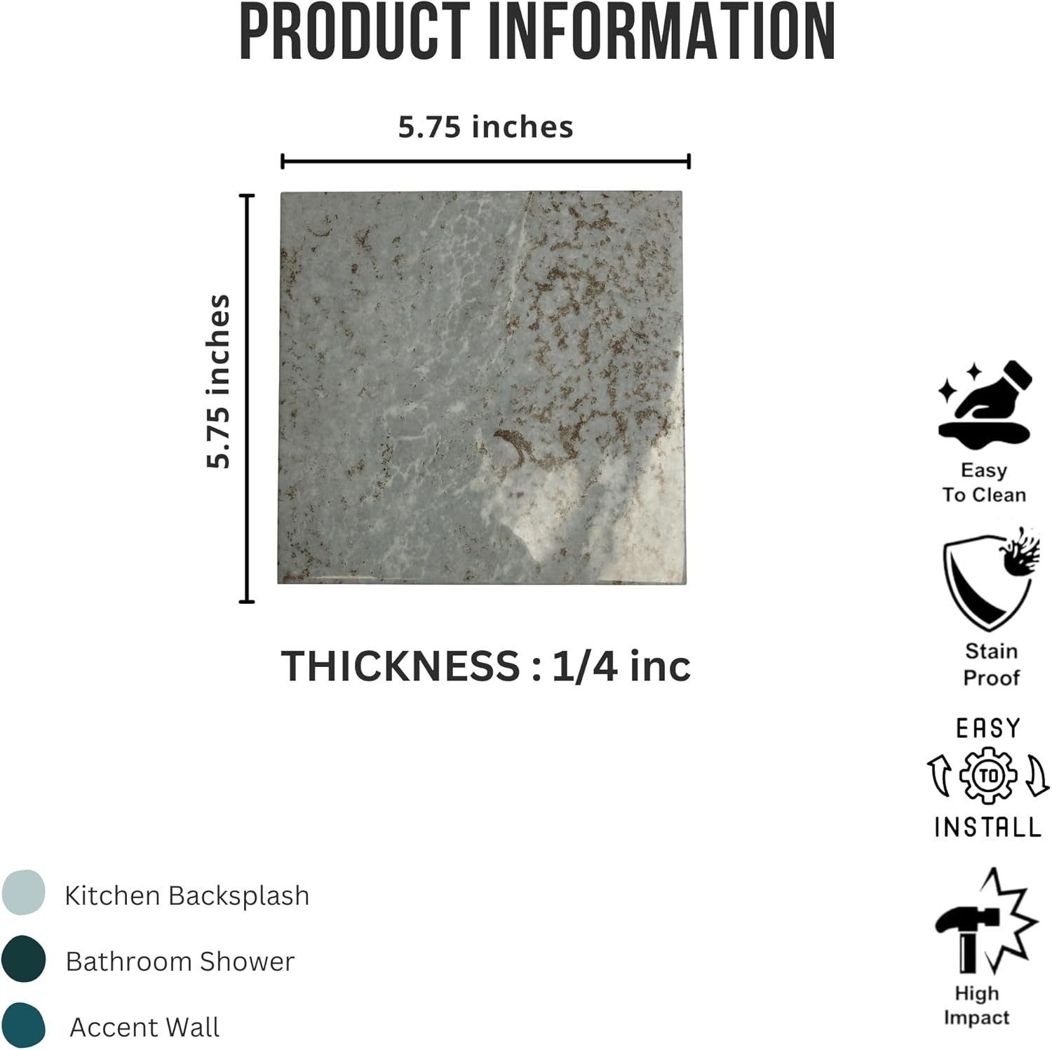 Tenedos HTCPW Blue Marble Look 6"x6" Glossy Porcelain Tile – Polished Stone-Effect Wall & Backsplash Tile for Bathroom Kitchen Shower