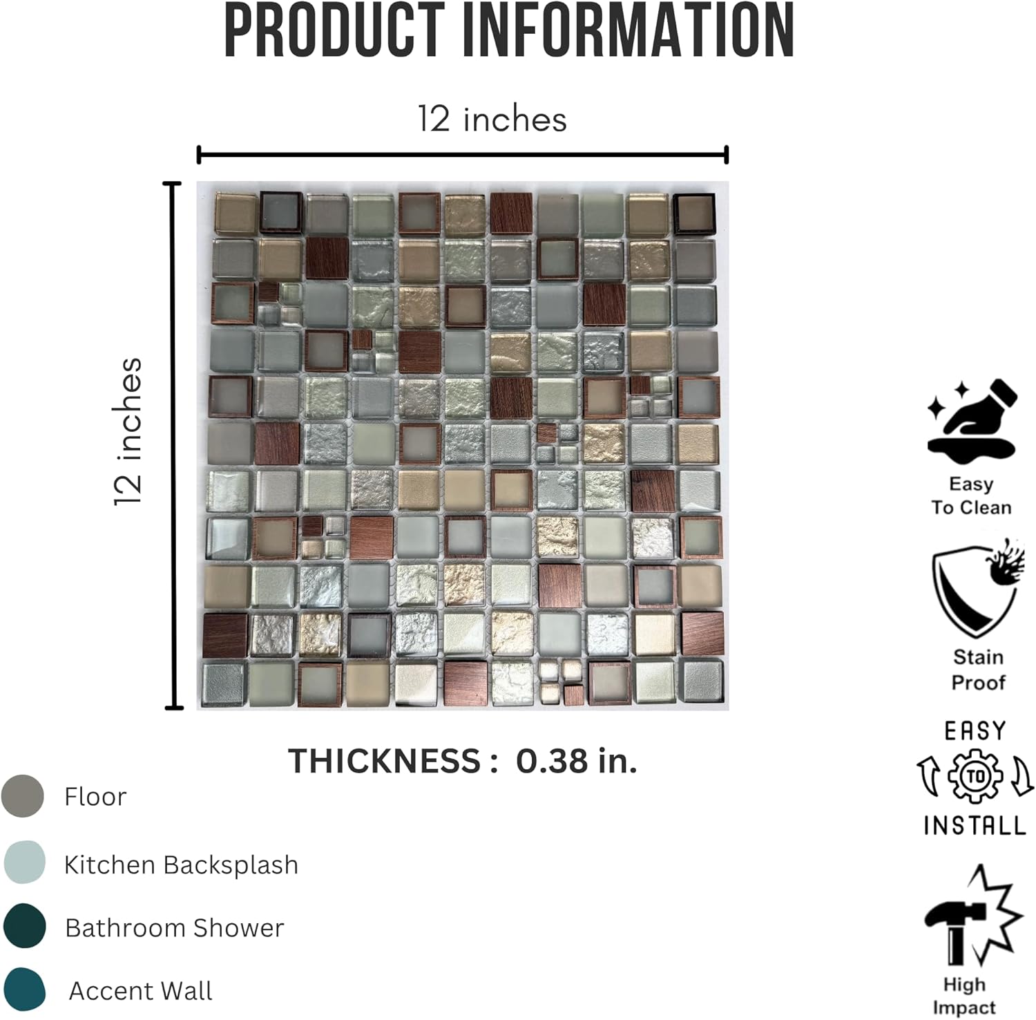 Tenedos Urban Alloy Glass & Metal Mosaic Tile 12" x 12" Mesh-Mounted Sheet – Bronze Gray Mix for Wall, Backsplash, and Fireplace Accent (5 Sheets)
