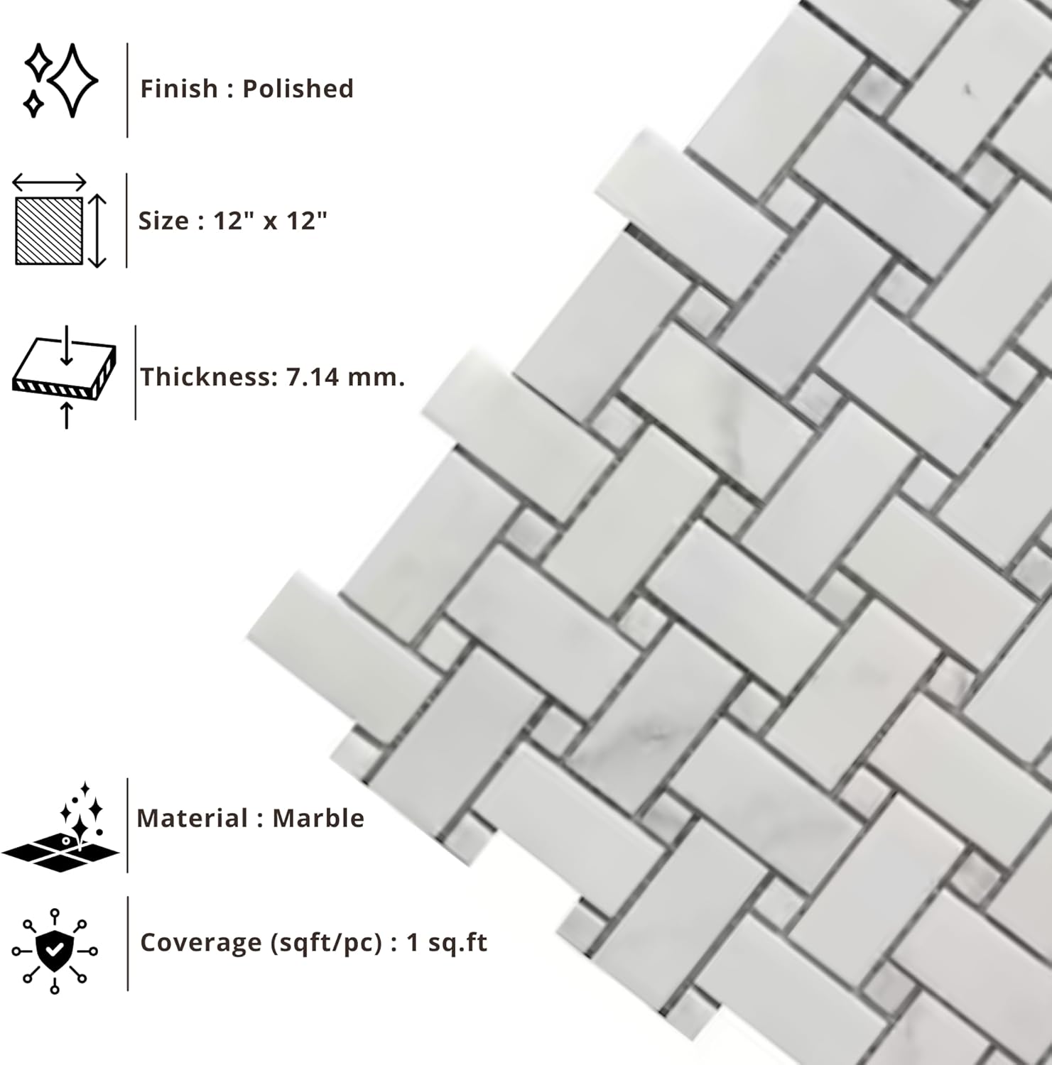 Tenedos HTCRC Bianco Carrara Basket Weave Marble Interlocking Mosaic Tile | 11 x 12 Inch Mesh-Mounted White Marble | Kitchen Backsplash Bathroom Shower Accent Wall