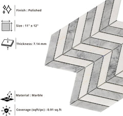 Tenedos HTCRC White and Grey Marble Chevron Mosaic Tile – 11x12 Inch Mesh-Mounted Sheet – Natural Marble Geometric Mosaic for Kitchen Backsplash Bathroom Wall Accent