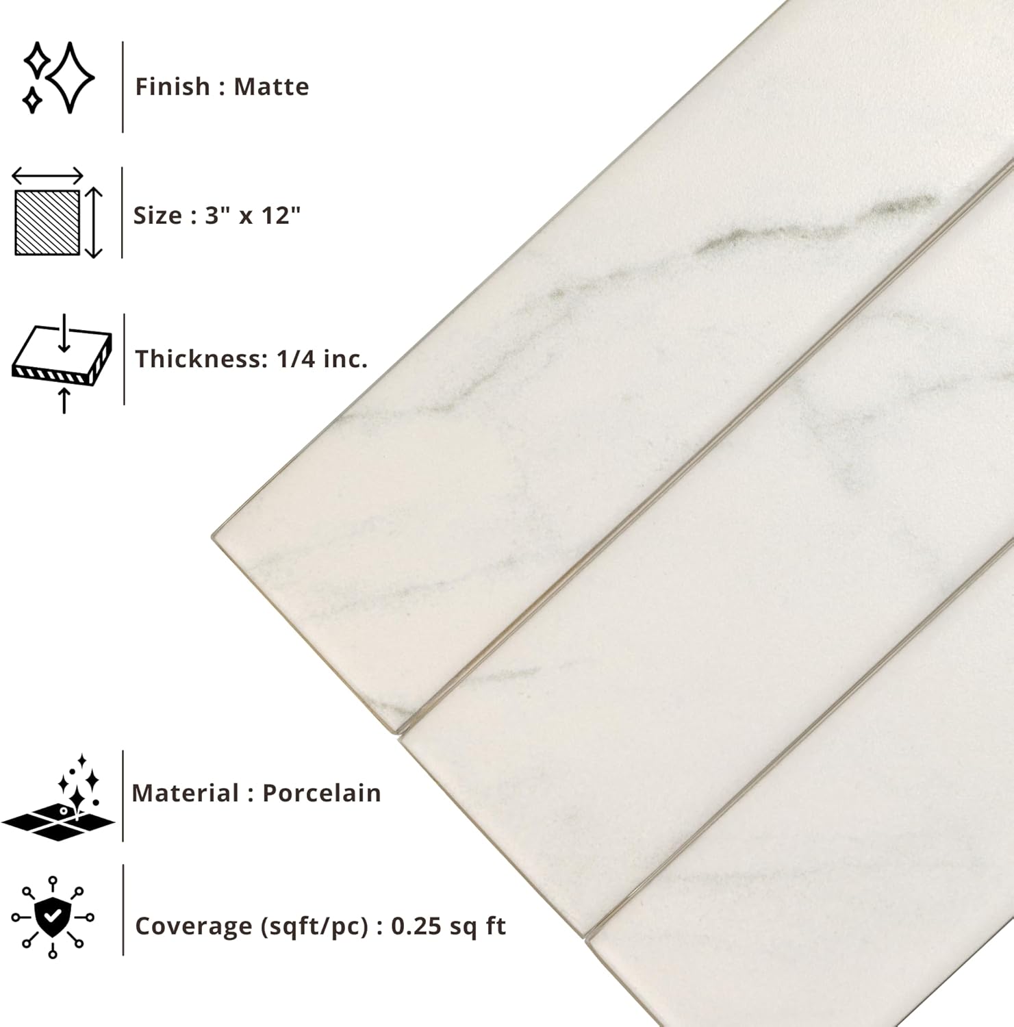 Tenedos HTCRC  Marble Look Matte Porcelain Tile – 3x12 Inch Subway Wall & Kitchen Backsplash