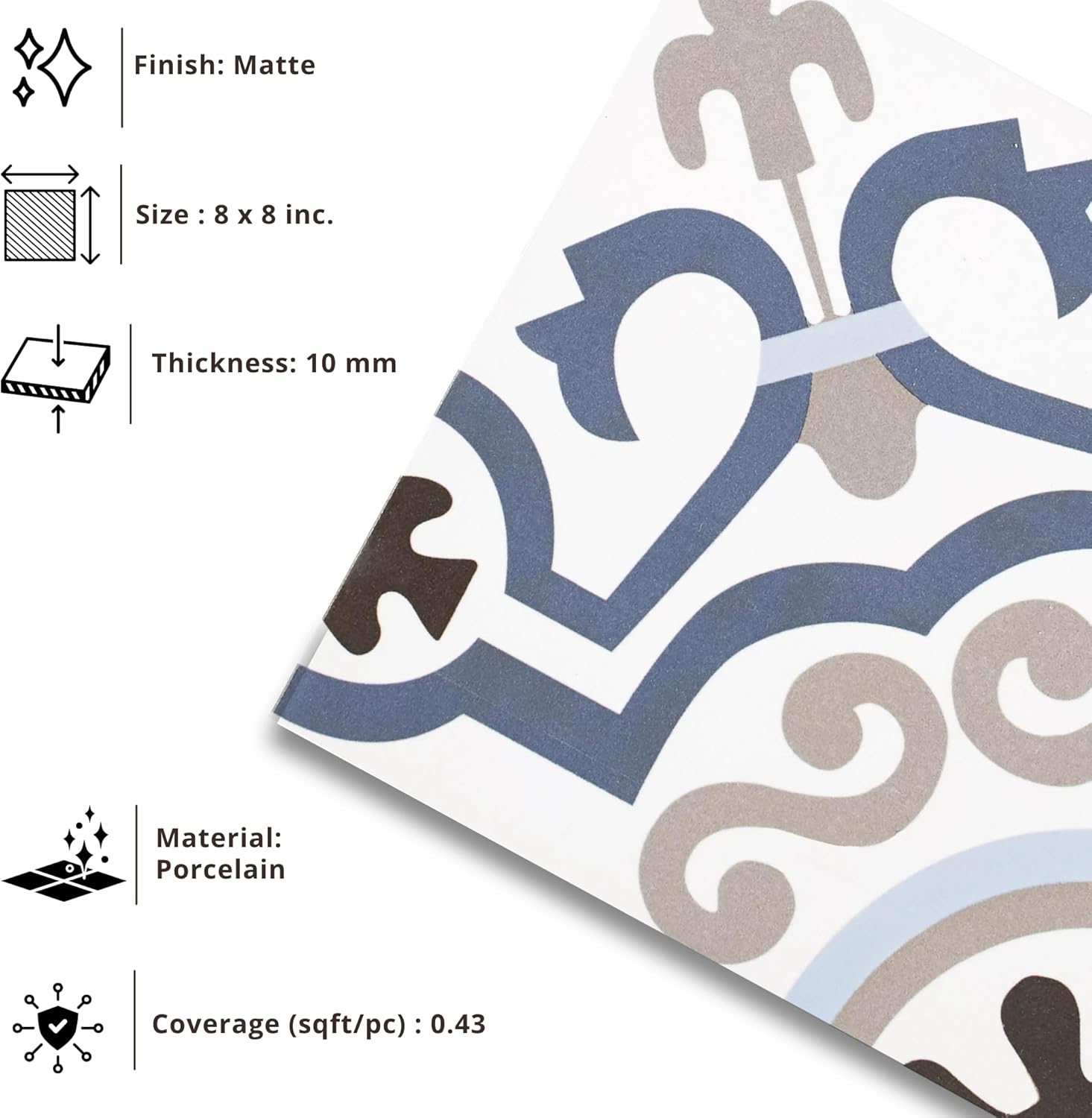 Tenedos Azure Crest 8" x 8" Matte Porcelain Tile for Floor and Wall, Blue Gray Mediterranean Pattern, Spanish Encaustic Look, Indoor Outdoor Use
