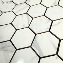 Tenedos White Marble Look Hexagon Porcelain Mosaic Tile – 13x13 Glossy Finish for Wall, Floor, and Bathroom (5 Sheets, 5 Sqft Total Coverage)