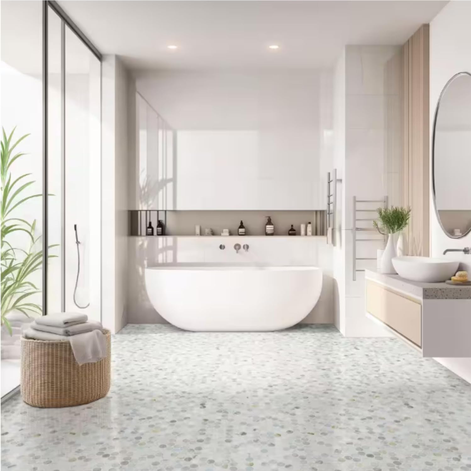 Aurora Pearl Round Marble Mosaic Tile – Polished Natural Stone Sheet for Bathroom, Kitchen Backsplash, and Shower Accent