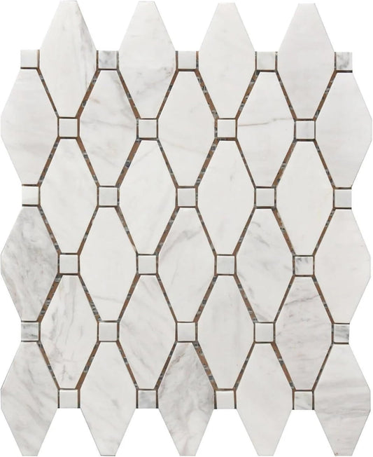 Tenedos HTCRC Bianco Carrara Large Rhombus Marble Mosaic Tile | 12 x 12 Inch Mesh-Mounted | Kitchen Backsplash Bathroom Shower Accent Wall