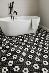 Tenedos Hexagon Glossy Black and White Flower Porcelain Mosaic Tile – Kitchen Backsplash, Bathroom Wall & Shower Floor Tile