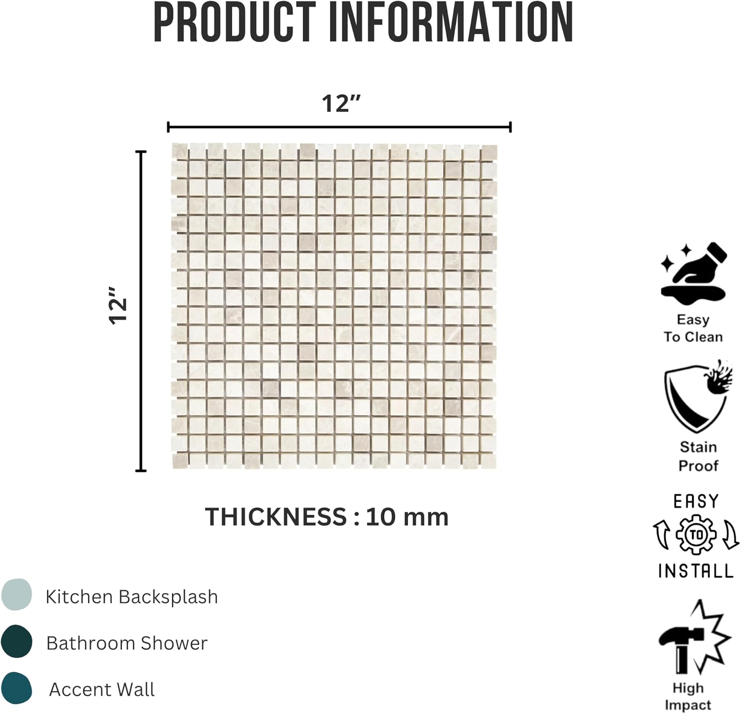 Tenedos 12x12 Beige Tumbled Marble Mosaic Tile – 0.6" Square Chips, Indoor/Outdoor Floor & Wall Use, Water-Resistant, Shower Floor & Wall Suitable, Natural Stone (1 Sheet)