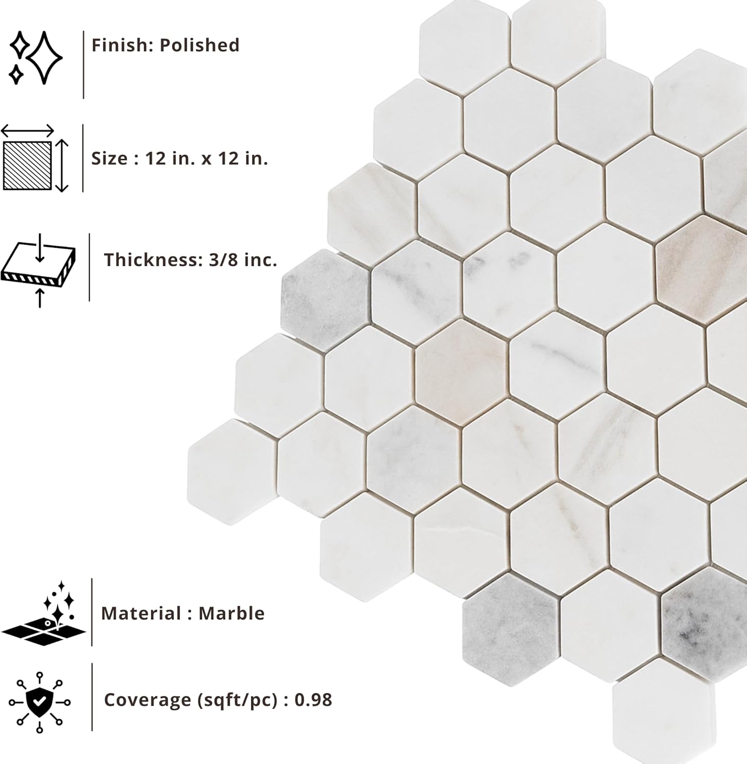 Tenedos Bianco Orion Hexagon Polished Marble Mosaic Tile 2" Natural Stone 12x12 Sheet for Bathroom Kitchen Wall and Floor Decoration – Elegant White with Subtle Gray and Gold Veins (5 Sheets)