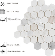 Tenedos Bianco Orion Hexagon Polished Marble Mosaic Tile 2" Natural Stone 12x12 Sheet for Bathroom Kitchen Wall and Floor Decoration – Elegant White with Subtle Gray and Gold Veins (5 Sheets)