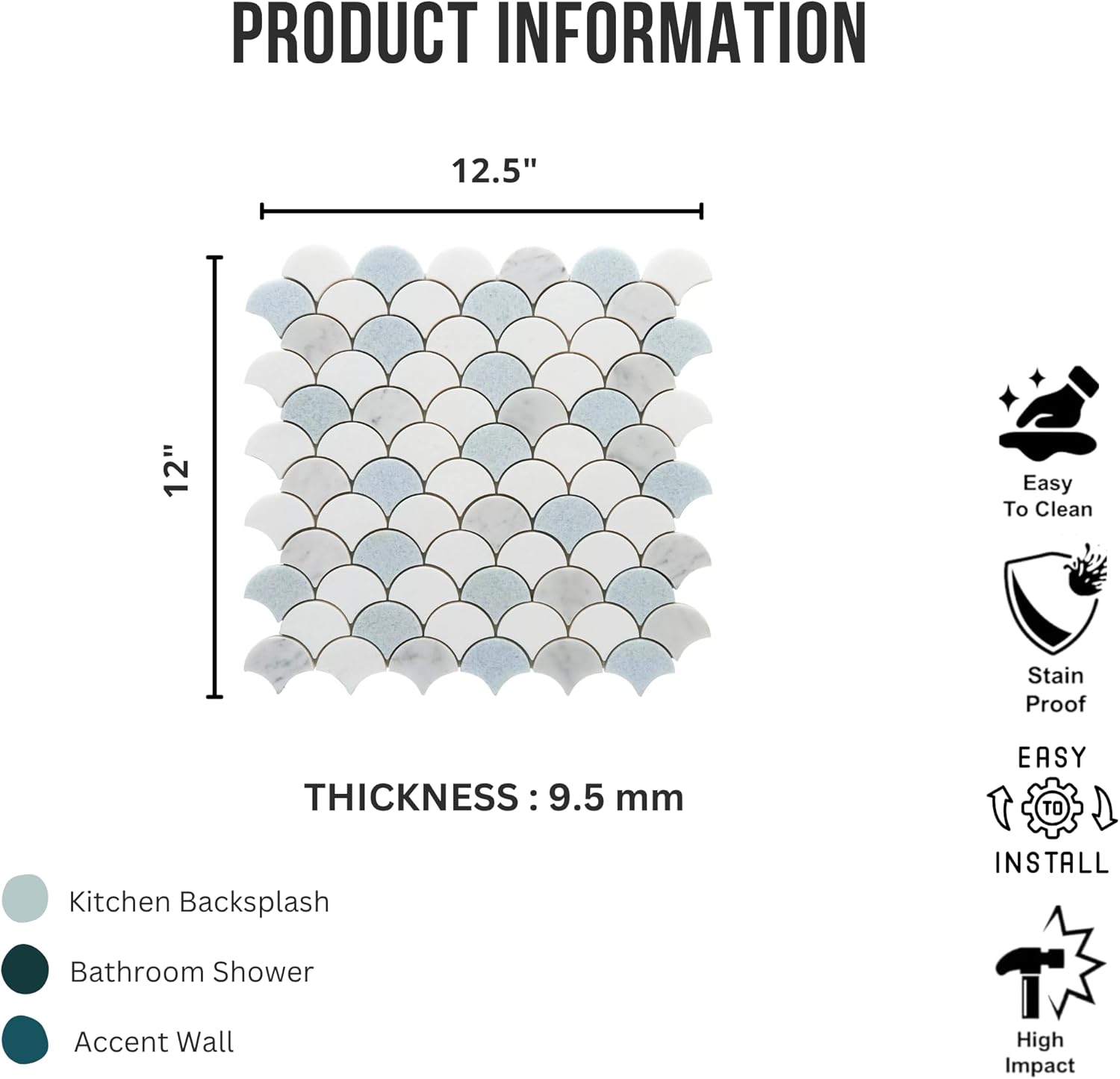 Tenedos Aegean Mist Fan Honed Marble Mosaic Tile 12x12 in Multitone White and Blue for Kitchen Backsplash Bathroom Wall Shower Floor Fireplace Accent Natural Stone (1 Sheet)