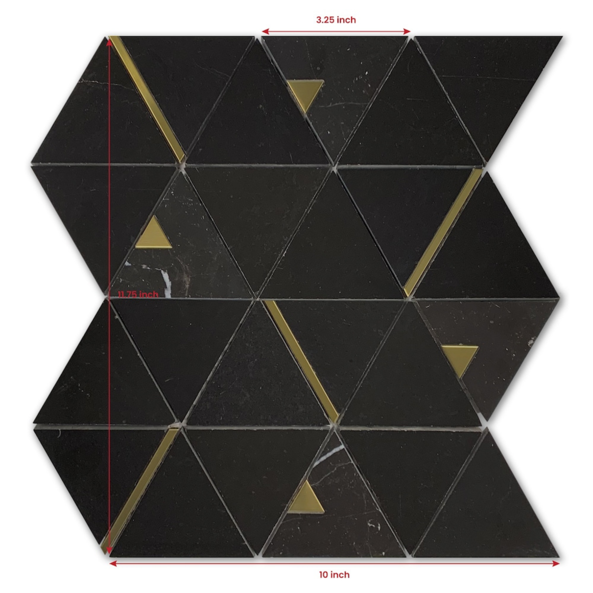 Tenedos HTCRC 12x14 Nero Marquina Triangle Mosaic Tile – Black Marble Look with Gold Metal Inlay, Floor & Wall