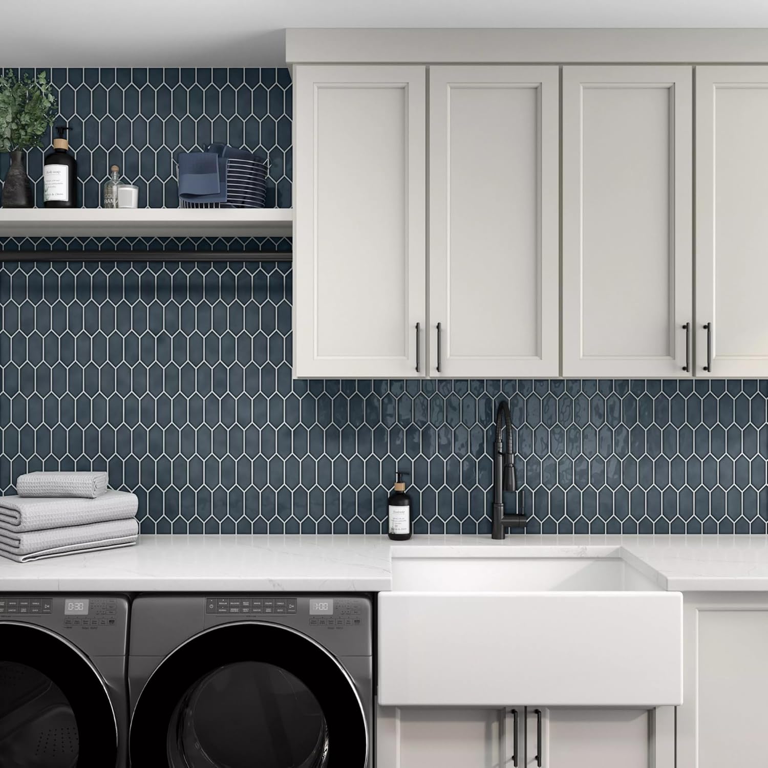 Tenedos HTCFD Blue Elongated Hexagon Glossy Ceramic Mosaic Tile, High-Gloss Pressed Edge Mesh-Mounted Wall Tile for Backsplash, Shower Walls and Fireplace Surrounds