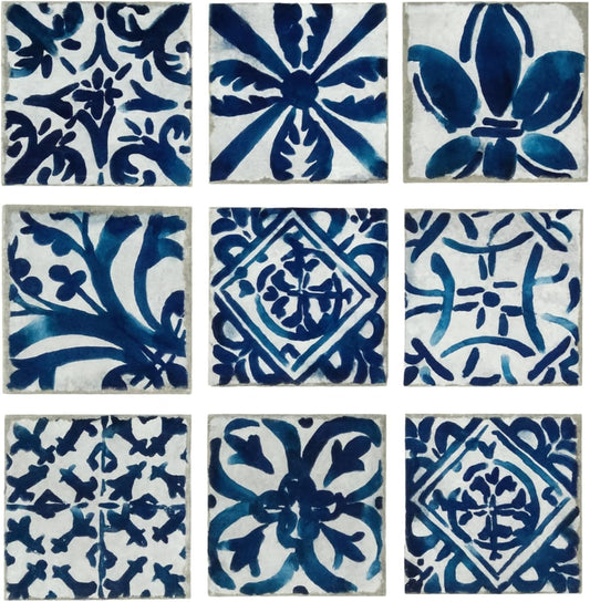 Tenedos HTCFD 4"x4" Blue Ceramic Decorative Tile Set of 9 – Handpainted Look Vintage Pattern Tiles, 1 Sq.Ft Coverage for Kitchen Backsplash, Bathroom Wall, Fireplace Accent