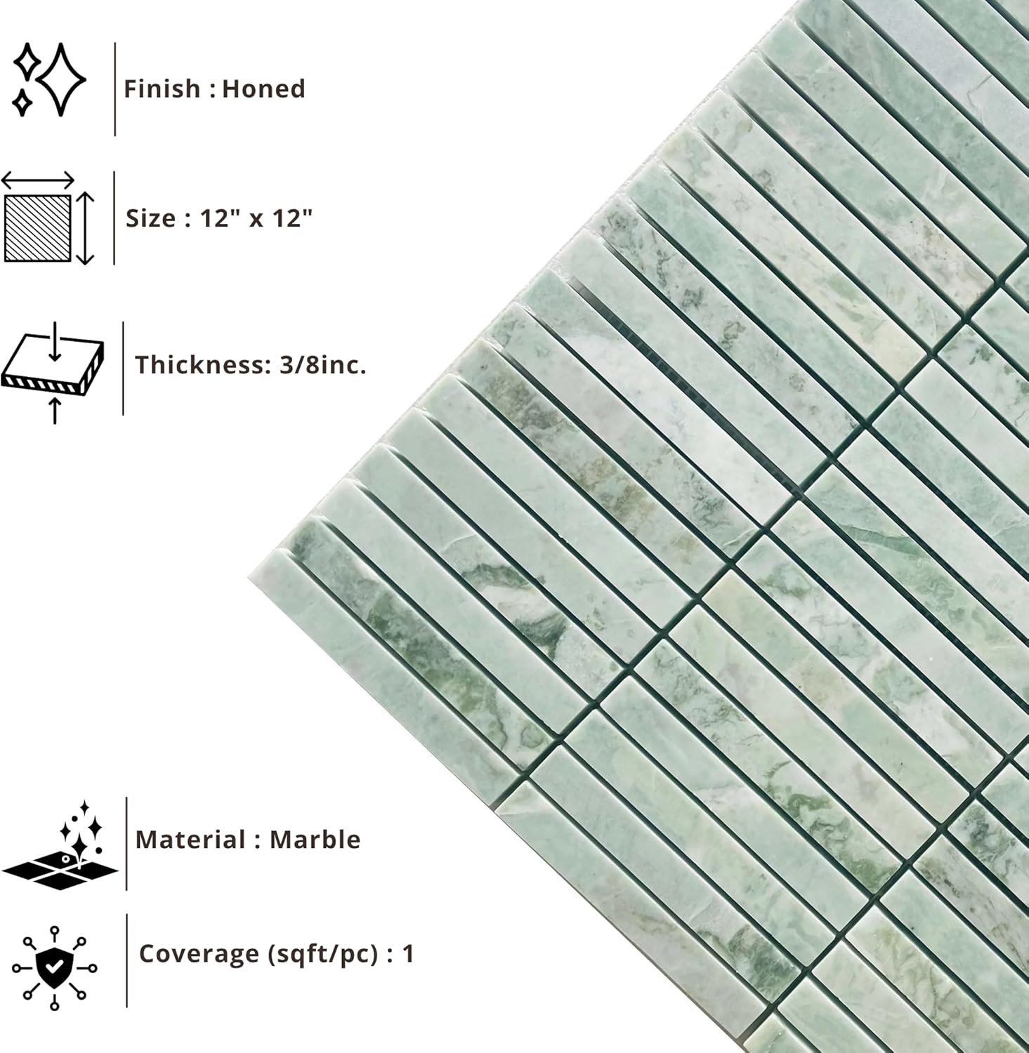 Tenedos Green Mist Honed Marble Tile – 2” x 8” Premium Natural Stone for Bathroom Floor, Shower Walls, Kitchen Backsplash, Fireplace Surround & Indoor Wall/Floor (1 Sheet)
