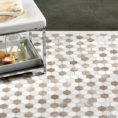Tenedos FD220 Beige & White Hexagon Marble Mosaic Tile – 2" Honed Natural Stone Sheet, Indoor Wall & Bathroom Floor Tile, Water-Resistant Shower Floor Mosaic (1 Sheet)