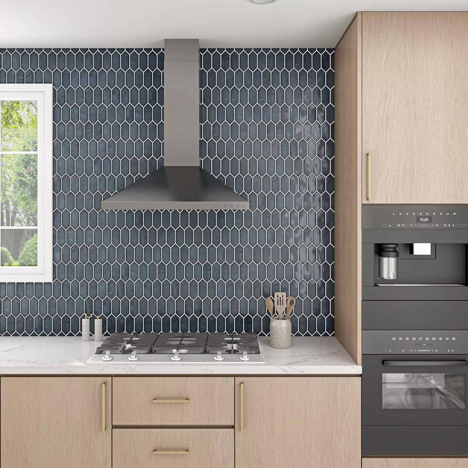 Tenedos HTCFD Blue Elongated Hexagon Glossy Ceramic Mosaic Tile, High-Gloss Pressed Edge Mesh-Mounted Wall Tile for Backsplash, Shower Walls and Fireplace Surrounds