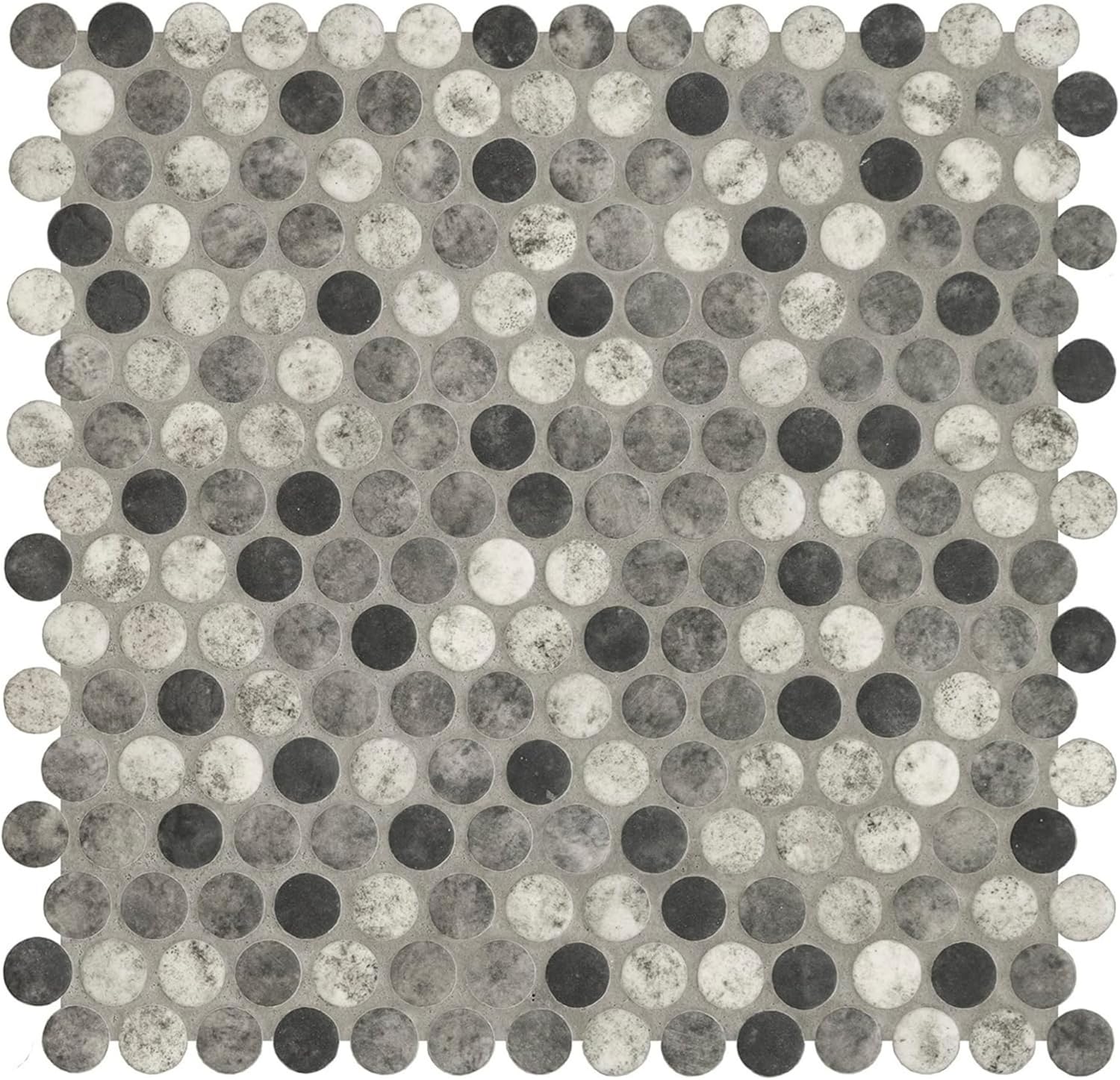 Tenedos Gray Black Mix Penny Round Recycled Glass Mosaic Tile – 12x12 Matte Finish for Wall, Floor, Bathroom, and Kitchen (5 Sheets, 5 Sqft Total Coverage)