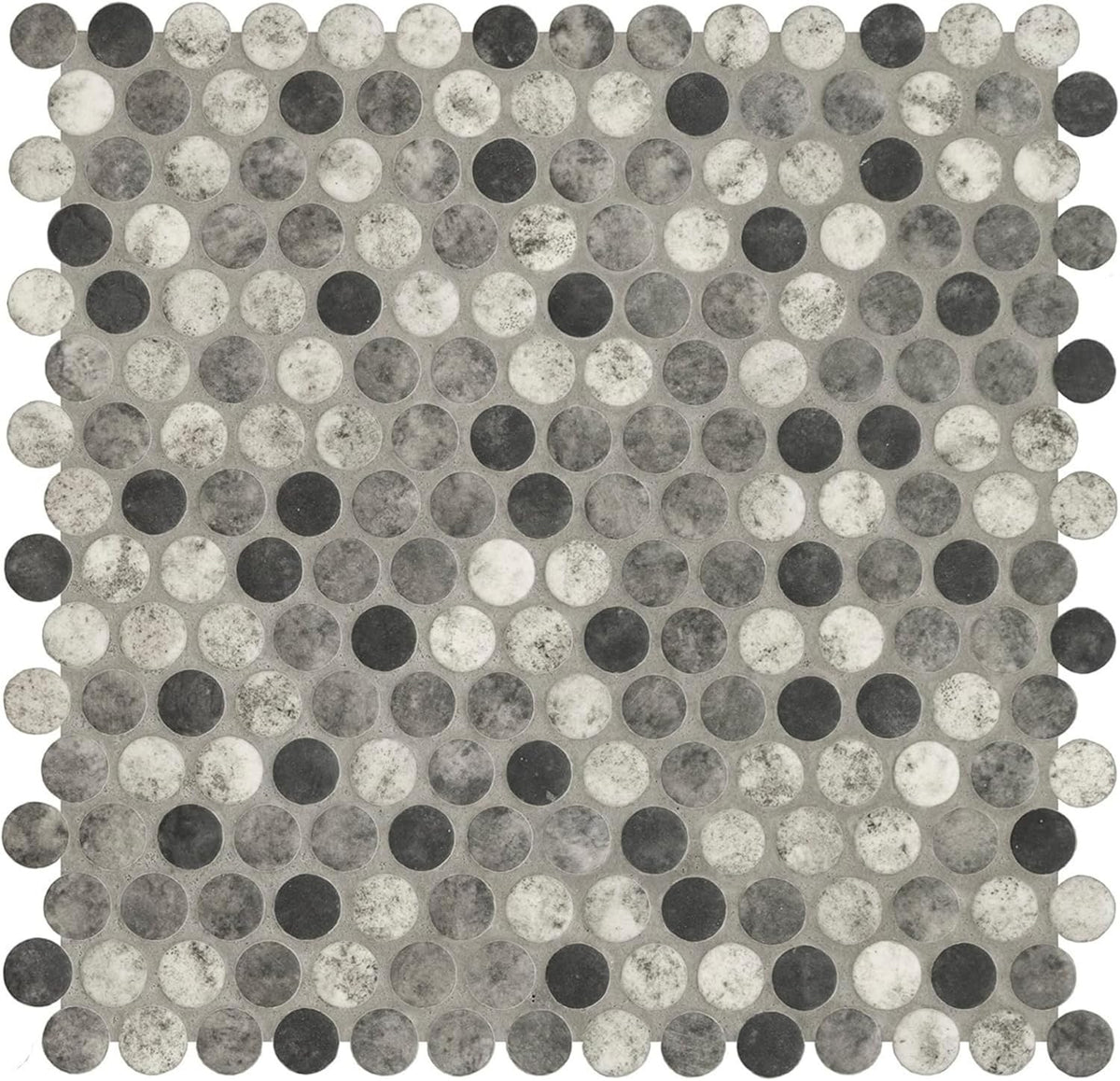 Tenedos Gray Black Mix Penny Round Recycled Glass Mosaic Tile – 12x12 Matte Finish for Wall, Floor, Bathroom, and Kitchen (5 Sheets, 5 Sqft Total Coverage)