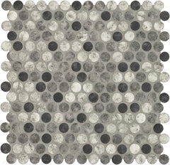 Tenedos Gray Black Mix Penny Round Recycled Glass Mosaic Tile – 12x12 Matte Finish for Wall, Floor, Bathroom, and Kitchen (5 Sheets, 5 Sqft Total Coverage)