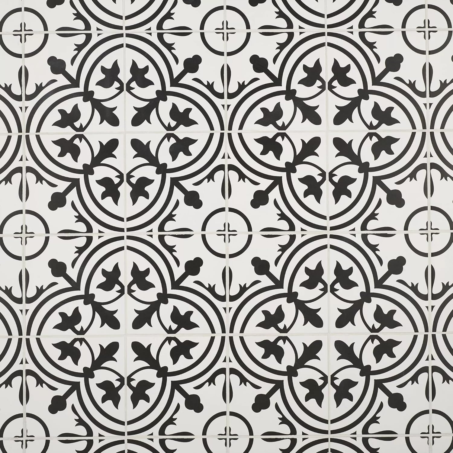 Tenedos Noir Vine 8" x 8" Black and White Matte Porcelain Tile for Floor and Wall, Spanish Decorative Pattern, Indoor Outdoor Use