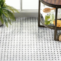 Tenedos HTCRC 12 x 12 Inch Bianco Carrara Basket Weave Black Dot Marble Interlocking Mosaic Tile | Kitchen Backsplash Bathroom Shower Accent Wall (1 Sheet)