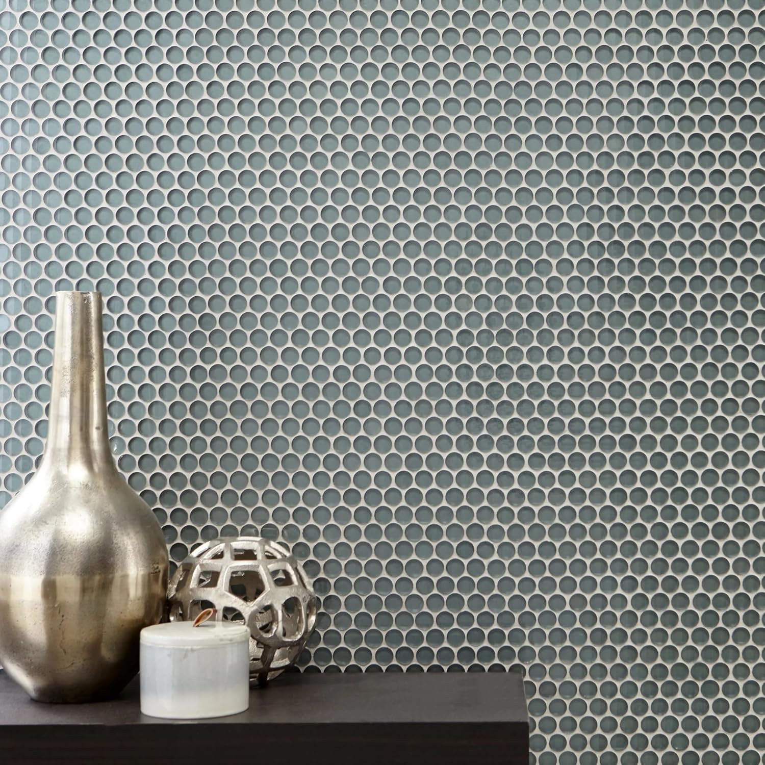 Tenedos HTC333 Shimmer Glossy Penny Round Glass Mosaic Tile 12x12 Sheet for Bathroom Wall, Shower, and Kitchen Backsplash – Sparkling Reflective Finish