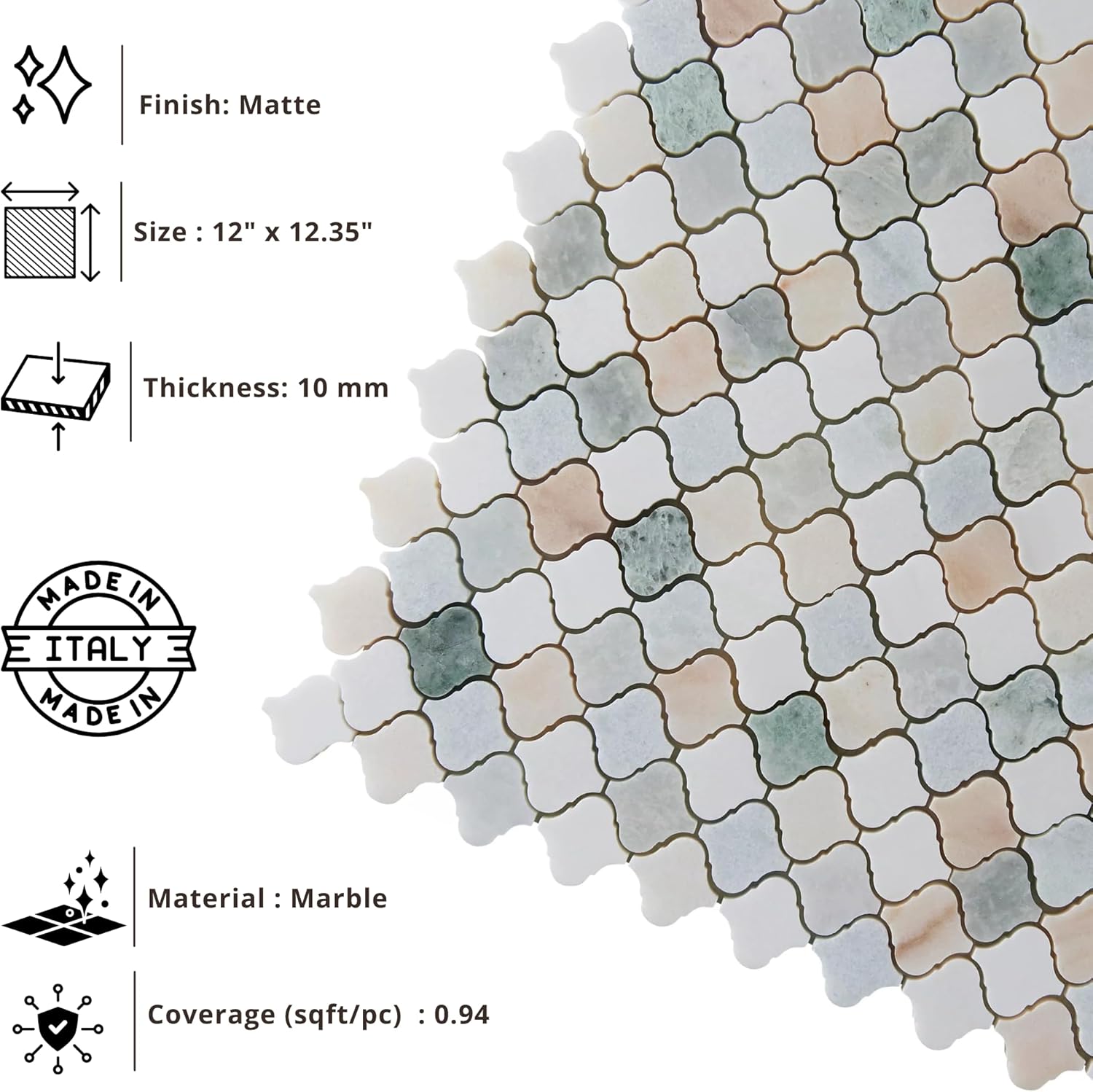 Tenedos Tuscan Mirage Arabesque Honed Marble Mosaic Tile 12x12 in Multicolor for Kitchen Backsplash Bathroom Wall Shower Floor Fireplace Accent Natural Stone (1 Sheet)