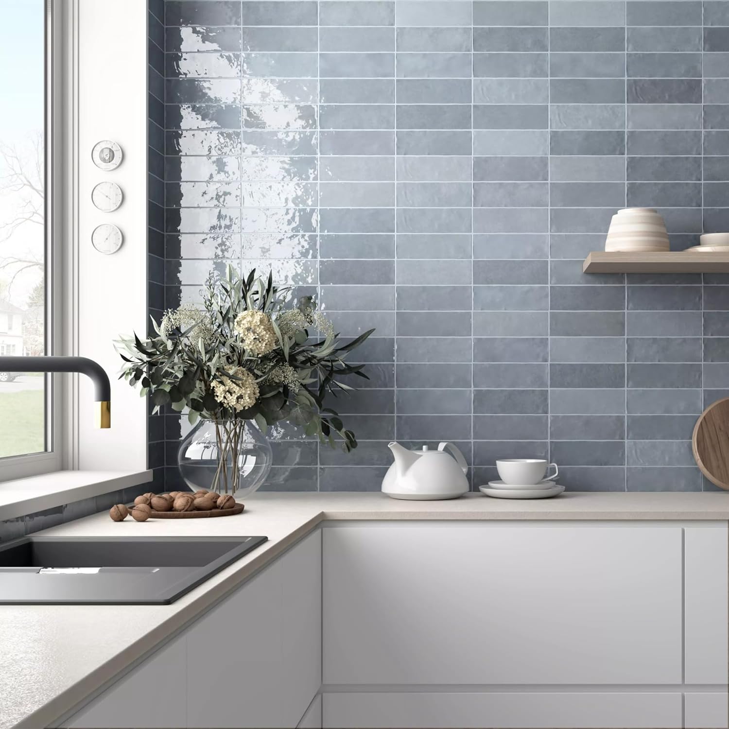 Tenedos HTCFD 2.5x8 Glossy Handmade Look Ceramic Wall Tile – Spanish Zellige Style Subway Tile for Kitchen Backsplash, Bathroom, and Fireplace (1 Box, 38 Pieces, 5.32 Sqft Coverage)