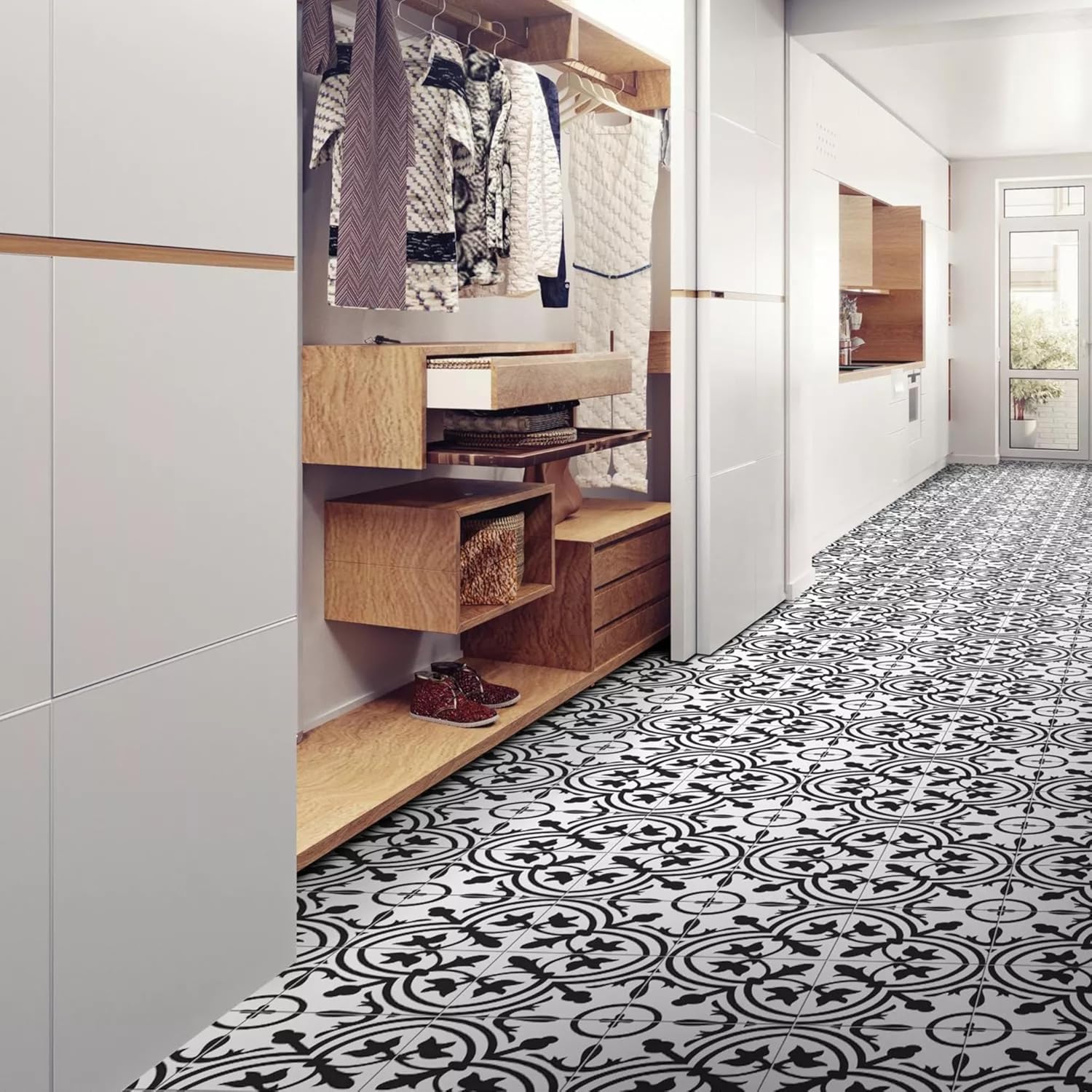 Tenedos Noir Vine 8" x 8" Black and White Matte Porcelain Tile for Floor and Wall, Spanish Decorative Pattern, Indoor Outdoor Use