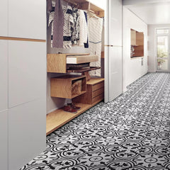 Tenedos Noir Vine 8" x 8" Black and White Matte Porcelain Tile for Floor and Wall, Spanish Decorative Pattern, Indoor Outdoor Use
