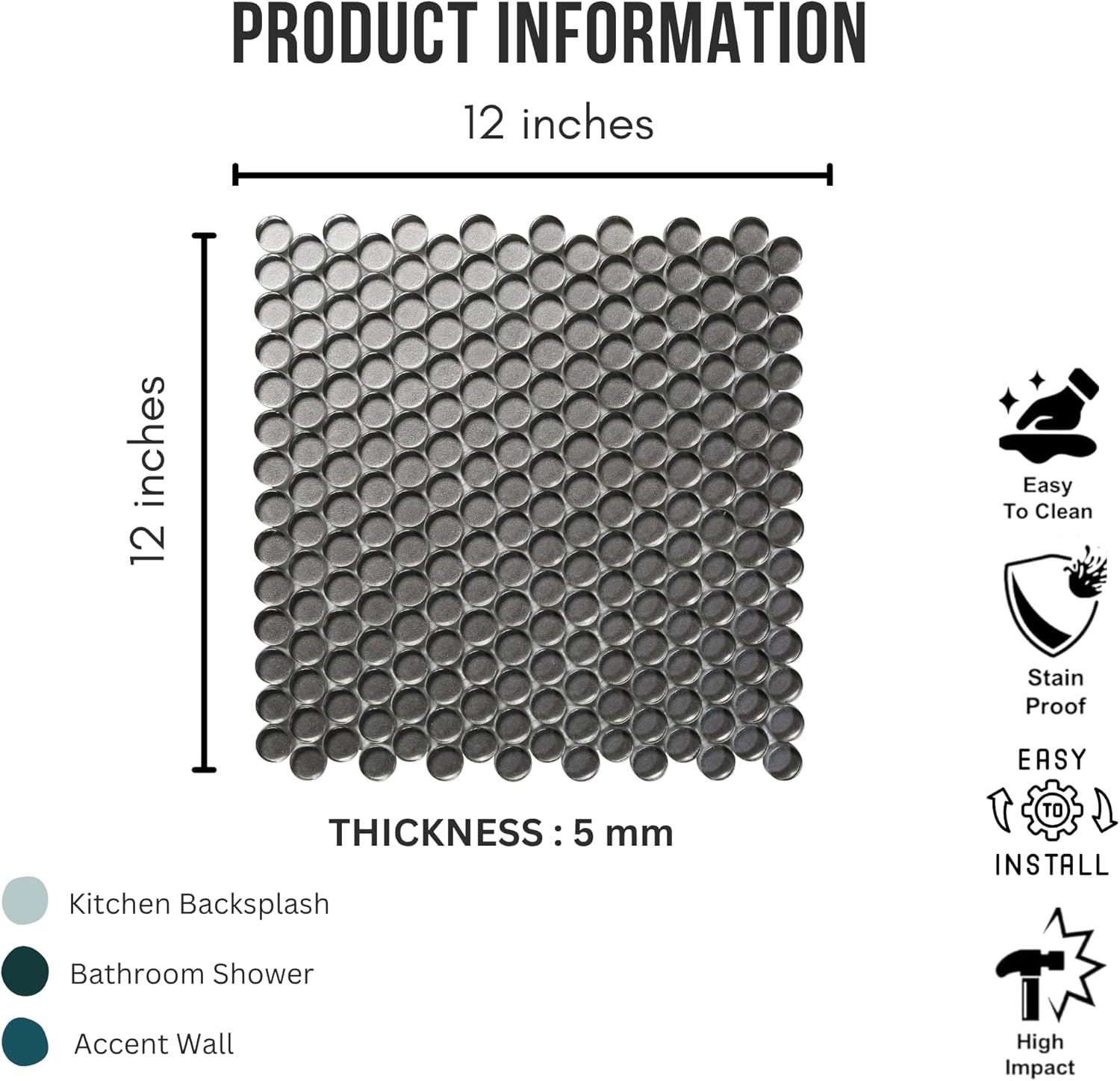 Tenedos HTC333 Shimmer Glossy Penny Round Glass Mosaic Tile 12x12 Sheet for Bathroom Wall, Shower, and Kitchen Backsplash – Sparkling Reflective Finish