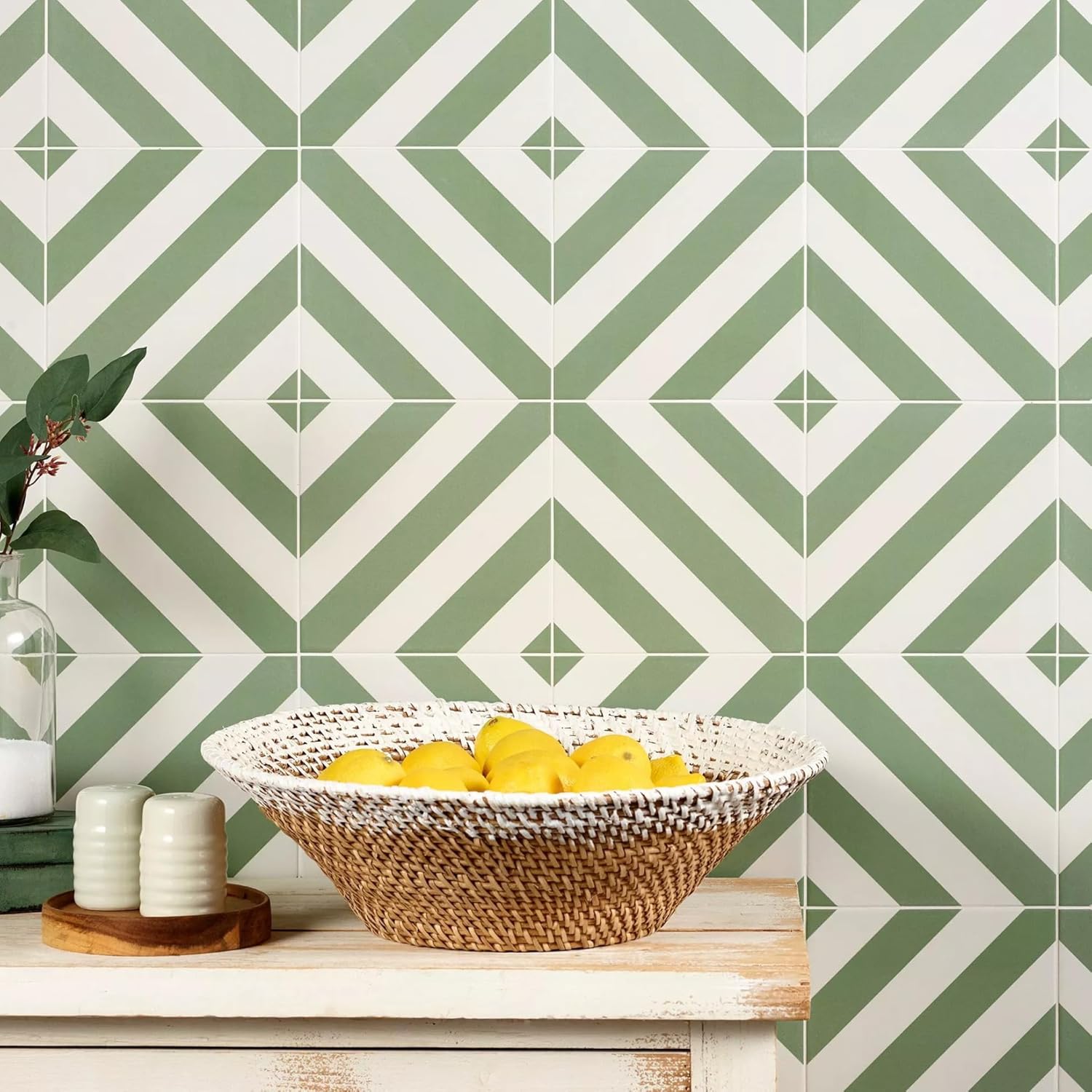 Tenedos Sage Linea 8" x 8" Matte Porcelain Tile for Wall and Floor, Diagonal Stripe Green and White Pattern, Modern Geometric Design, Indoor Outdoor Use