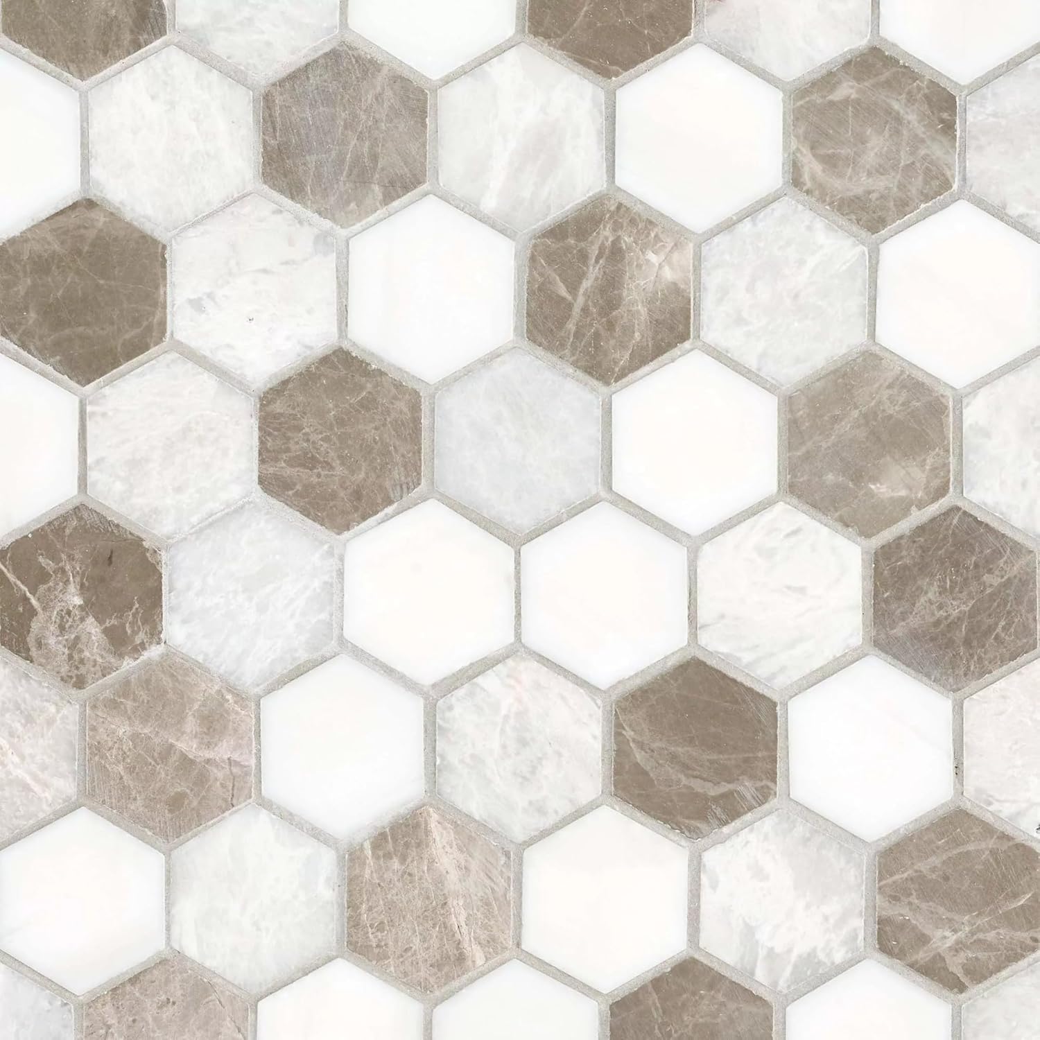Tenedos FD220 Beige & White Hexagon Marble Mosaic Tile – 2" Honed Natural Stone Sheet, Indoor Wall & Bathroom Floor Tile, Water-Resistant Shower Floor Mosaic (1 Sheet)