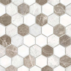 Tenedos FD220 Beige & White Hexagon Marble Mosaic Tile – 2" Honed Natural Stone Sheet, Indoor Wall & Bathroom Floor Tile, Water-Resistant Shower Floor Mosaic (1 Sheet)