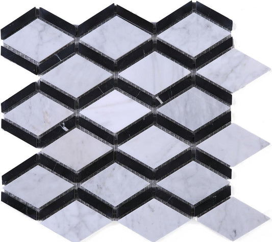 Premium Marble Mosaic in Dual Tone - Elegant Diamond Pattern Natural Stone Tile for Wet Areas, Shower Surrounds, Accent Walls, Floors, Backsplash Use