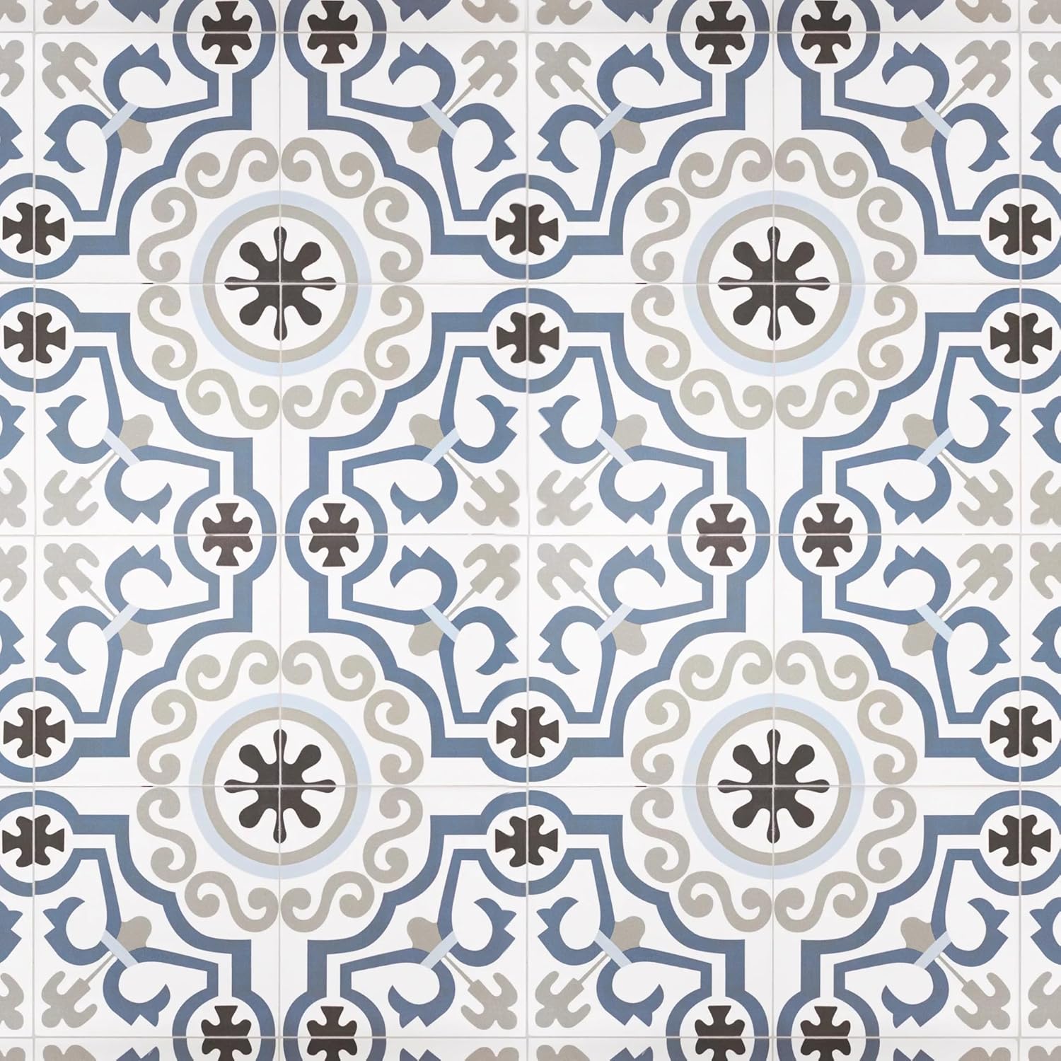 Tenedos Azure Crest 8" x 8" Matte Porcelain Tile for Floor and Wall, Blue Gray Mediterranean Pattern, Spanish Encaustic Look, Indoor Outdoor Use