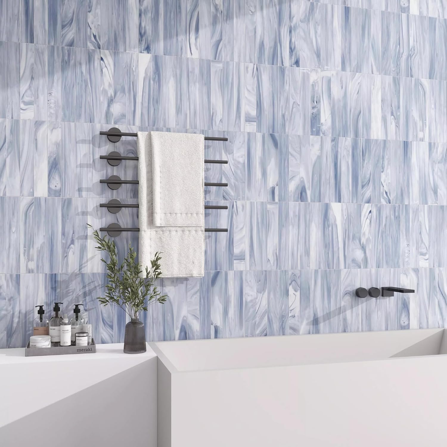 Tenedos HTCFD 2x12 Polished Blue Swirl Glass Wall Tile, Marble-Effect Linear Design, Straight Edge Decorative Tile for Backsplash and Shower Walls