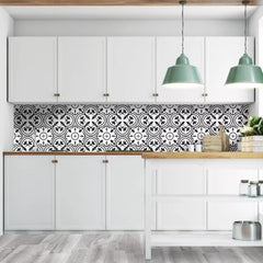 Tenedos Noir Vine 8" x 8" Black and White Matte Porcelain Tile for Floor and Wall, Spanish Decorative Pattern, Indoor Outdoor Use