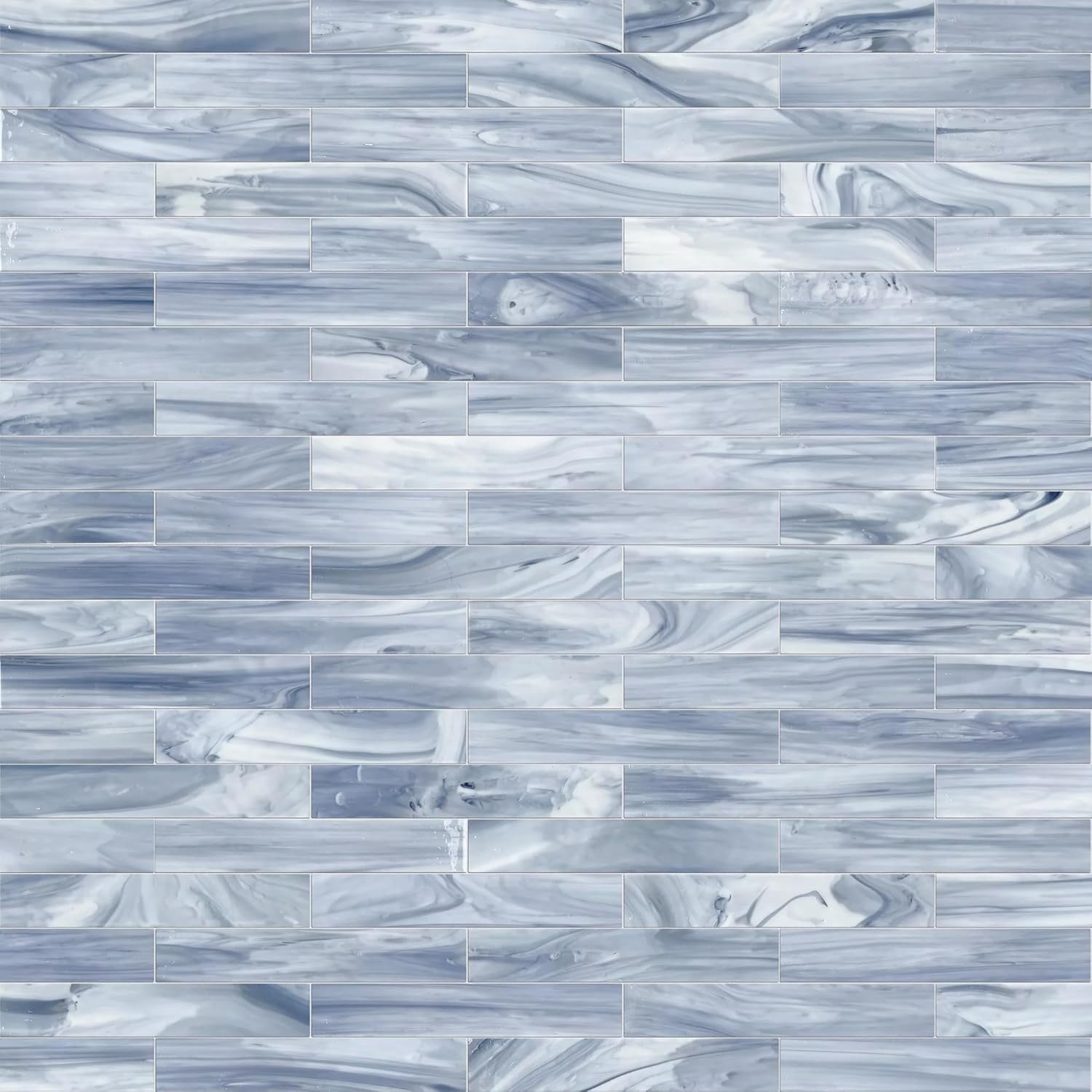Tenedos HTCFD 2x12 Polished Blue Swirl Glass Wall Tile, Marble-Effect Linear Design, Straight Edge Decorative Tile for Backsplash and Shower Walls