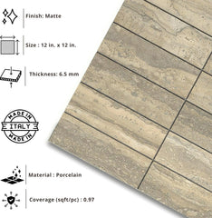Tenedos Italian Travertine Look Beige Porcelain Tile – 12x12 Satin Finish for Wall, Floor, Bathroom, and Kitchen (5 Sheets, 5 Sqft Total Coverage)