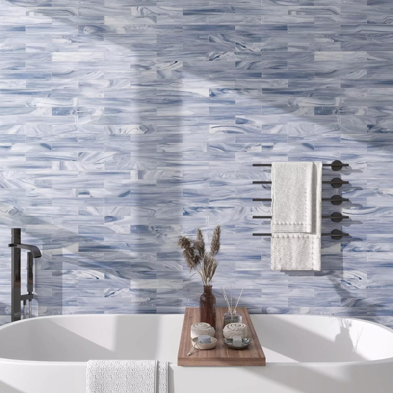 Tenedos HTCFD 2x12 Polished Blue Swirl Glass Wall Tile, Marble-Effect Linear Design, Straight Edge Decorative Tile for Backsplash and Shower Walls