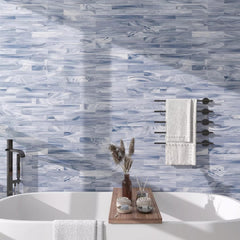 Tenedos HTCFD 2x12 Polished Blue Swirl Glass Wall Tile, Marble-Effect Linear Design, Straight Edge Decorative Tile for Backsplash and Shower Walls