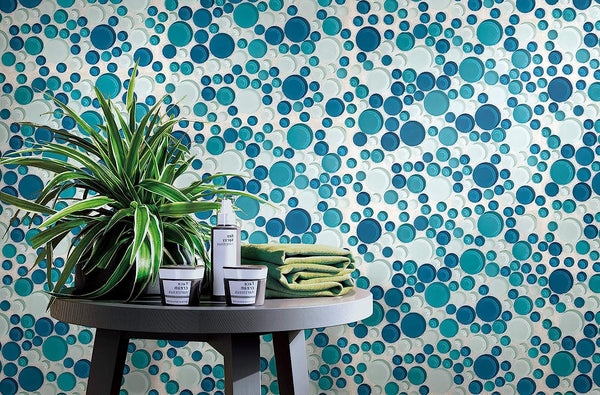 Tenedos Baru Blue and White Bubble Random Round Glass Mosaic Wall Tile for Kitchen Backsplash, Bathroom Shower, Accent Wall
